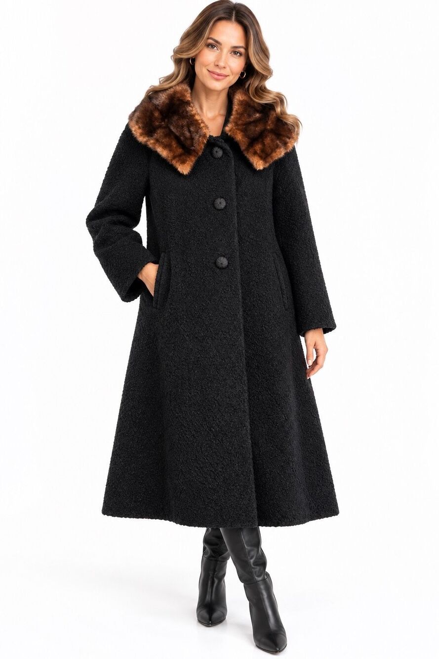 Hockanum Fabric Vintage Black Boucle Coat Brown Fur Collar Women’s Size XL